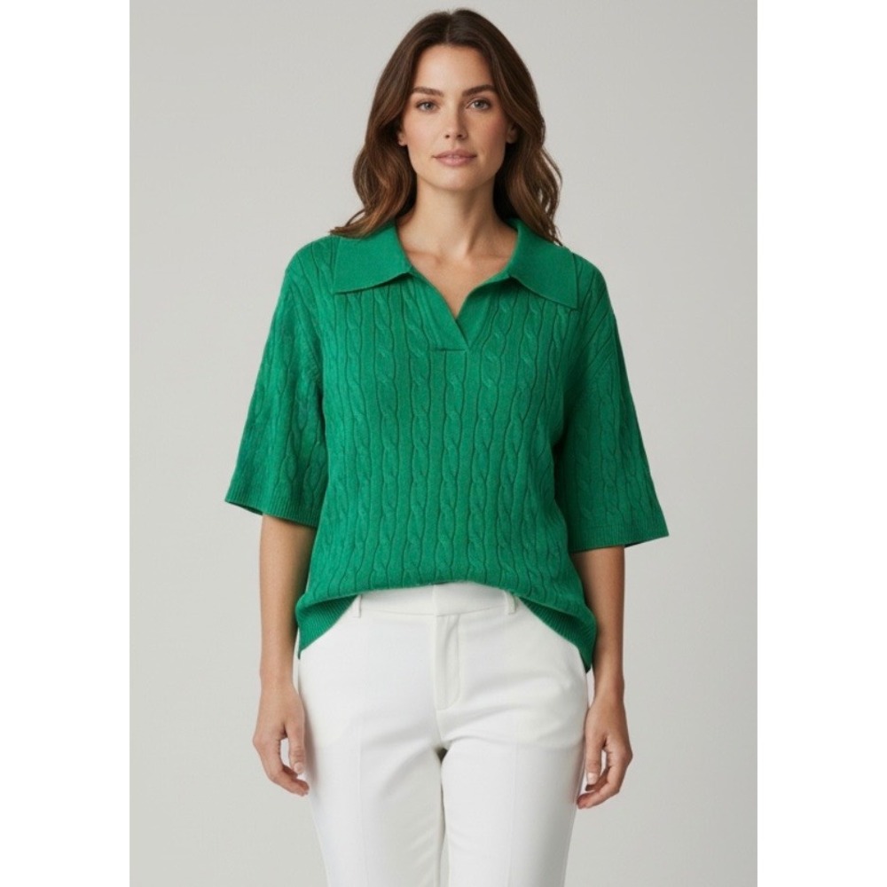 NEW Green Cable Knit Short Sleeve Large Polo Sweater Viscose Top Preppy